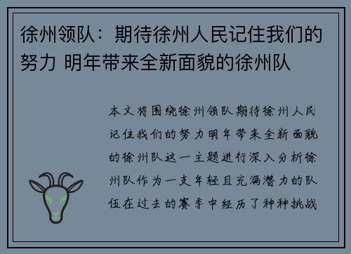 徐州领队：期待徐州人民记住我们的努力 明年带来全新面貌的徐州队